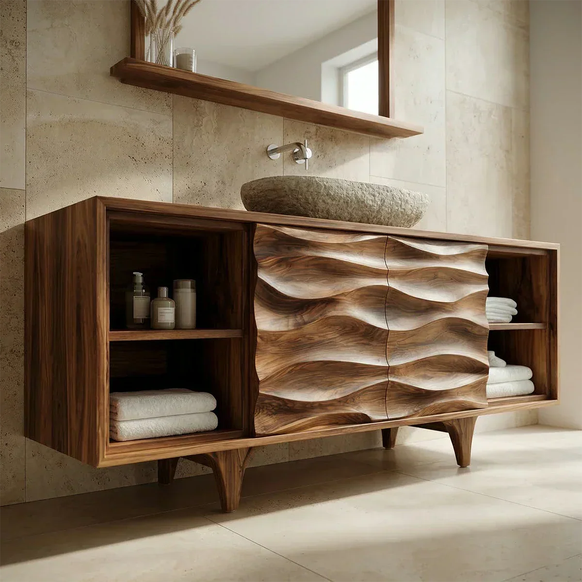 Traditional Solid Wood Bathroom Vanity – Hand Carved Natural Wood Storage Cabinet - Rustirawood