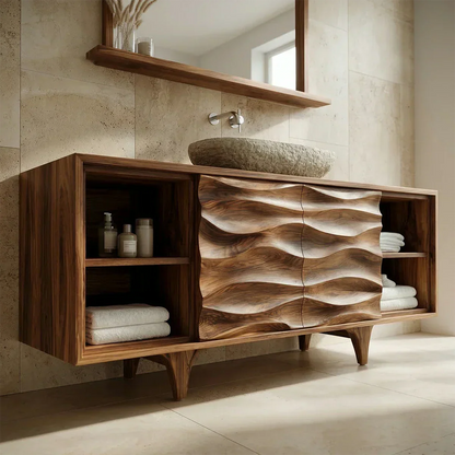 Traditional Solid Wood Bathroom Vanity – Hand Carved Natural Wood Storage Cabinet - Rustirawood