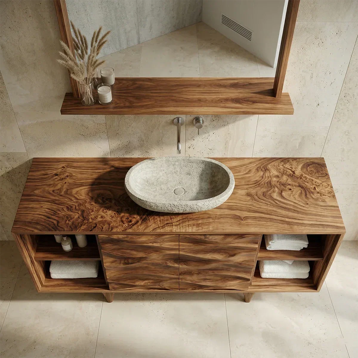 Traditional Solid Wood Bathroom Vanity – Hand Carved Natural Wood Storage Cabinet - Rustirawood