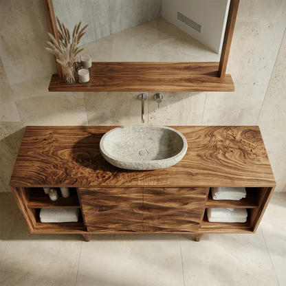 Traditional Solid Wood Bathroom Vanity – Hand Carved Natural Wood Storage Cabinet - Rustirawood