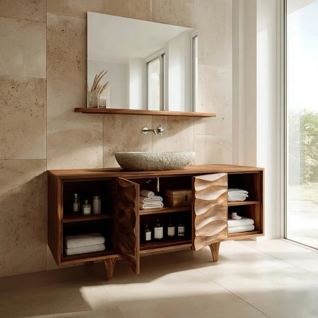 Traditional Solid Wood Bathroom Vanity – Hand Carved Natural Wood Storage Cabinet - Rustirawood