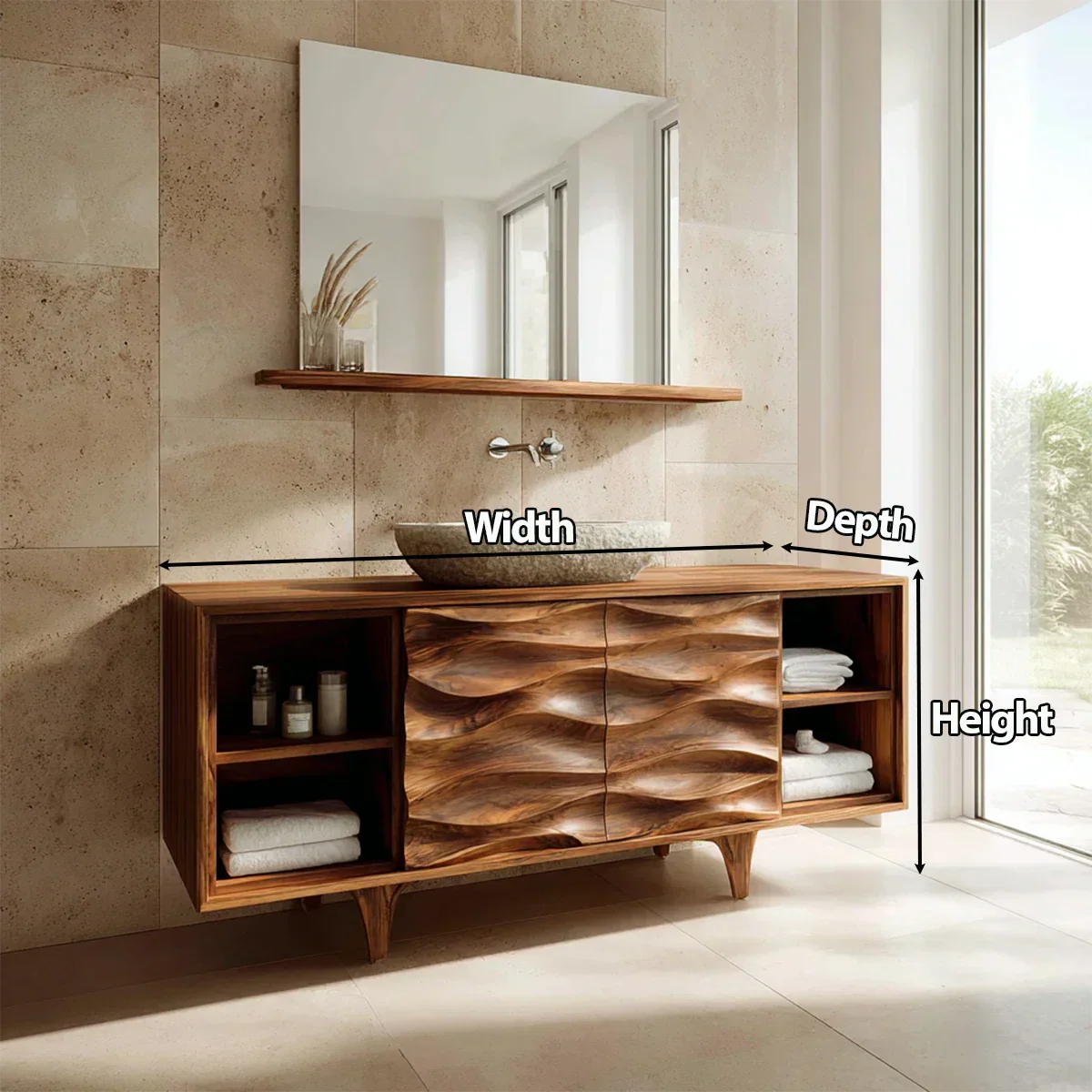 Traditional Solid Wood Bathroom Vanity – Hand Carved Natural Wood Storage Cabinet - Rustirawood