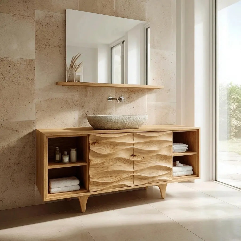 Traditional Solid Wood Bathroom Vanity – Hand Carved Natural Wood Storage Cabinet - Rustirawood