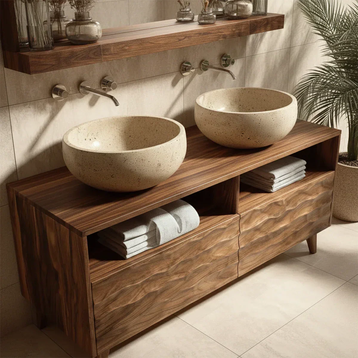 Traditional Solid Wood Bathroom Vanity – Hand Carved Natural Wood Storage Cabinet - Rustirawood