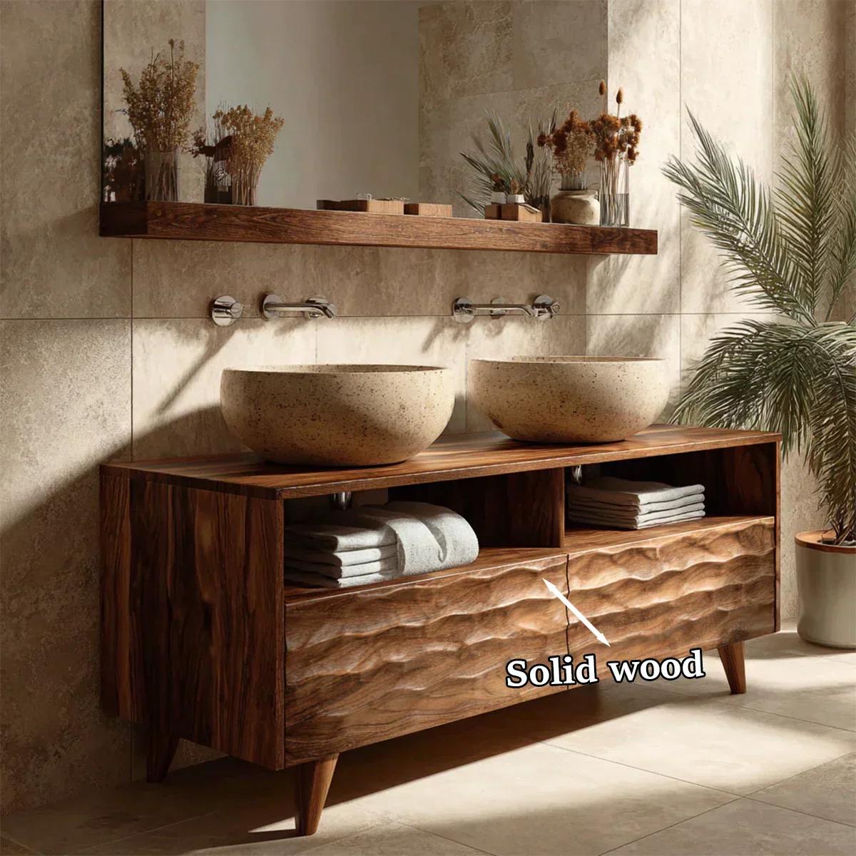 Traditional Solid Wood Bathroom Vanity – Hand Carved Natural Wood Storage Cabinet - Rustirawood