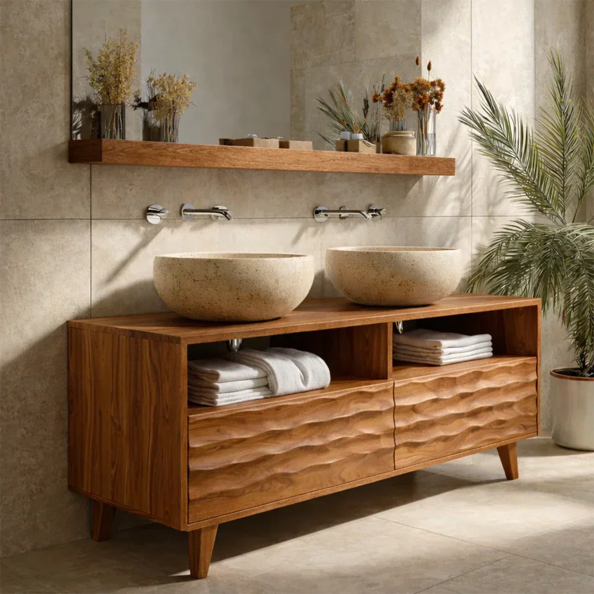 Traditional Solid Wood Bathroom Vanity – Hand Carved Natural Wood Storage Cabinet - Rustirawood