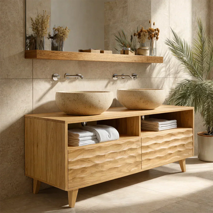 Traditional Solid Wood Bathroom Vanity – Hand Carved Natural Wood Storage Cabinet - Rustirawood