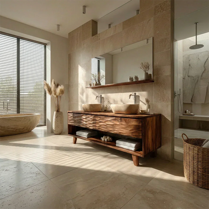 Traditional Solid Wood Bathroom Vanity – Hand Carved Natural Wood Vanity Cabinet - Rustirawood