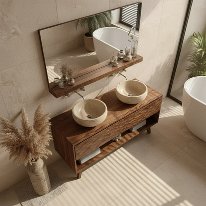 Traditional Solid Wood Bathroom Vanity – Hand Carved Natural Wood Vanity Cabinet - Rustirawood
