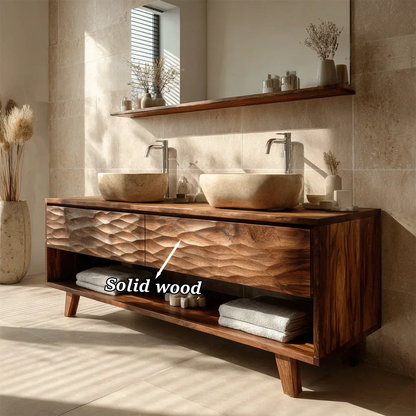 Traditional Solid Wood Bathroom Vanity – Hand Carved Natural Wood Vanity Cabinet - Rustirawood