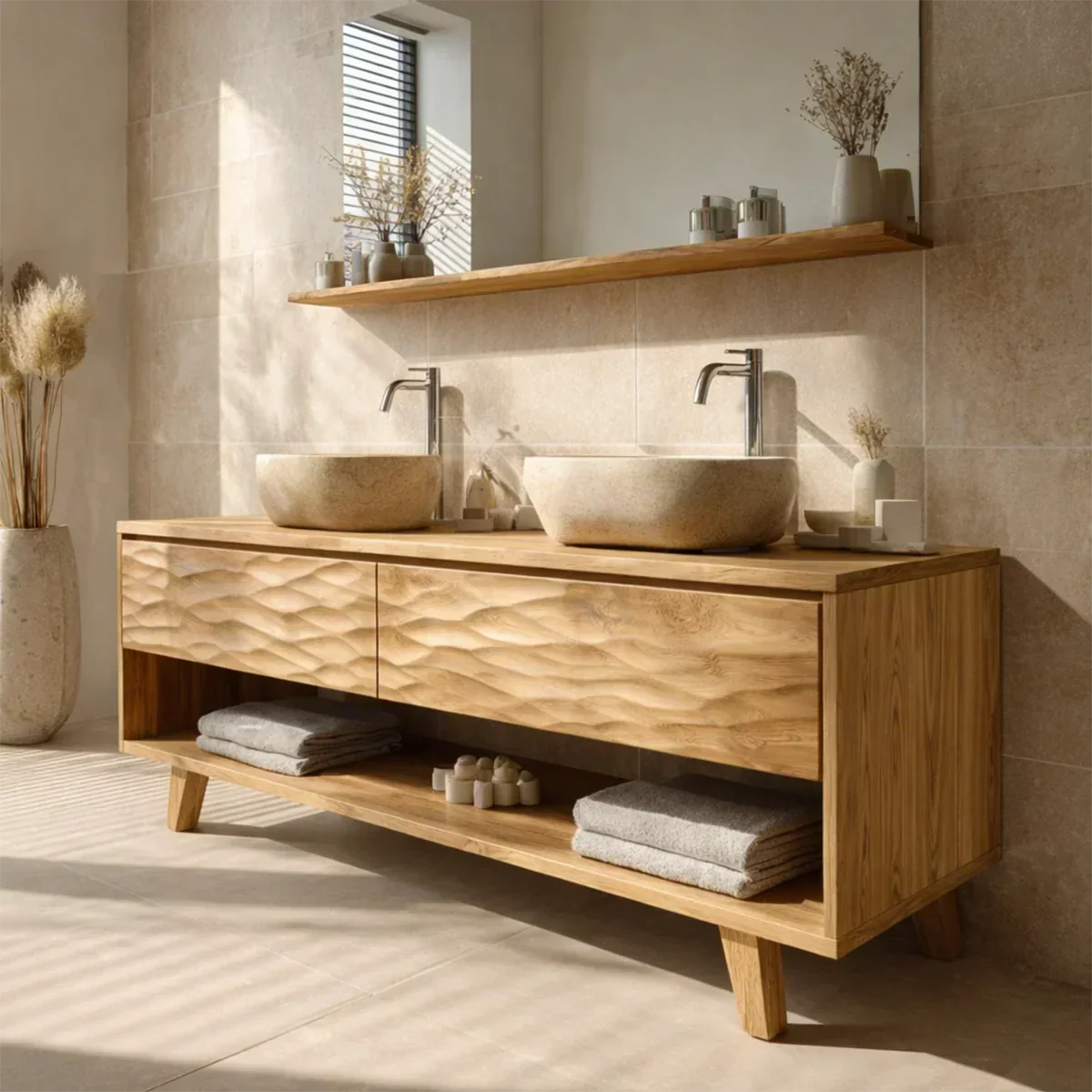 Traditional Solid Wood Bathroom Vanity – Hand Carved Natural Wood Vanity Cabinet - Rustirawood