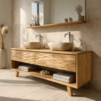 Traditional Solid Wood Bathroom Vanity – Hand Carved Natural Wood Vanity Cabinet - Rustirawood