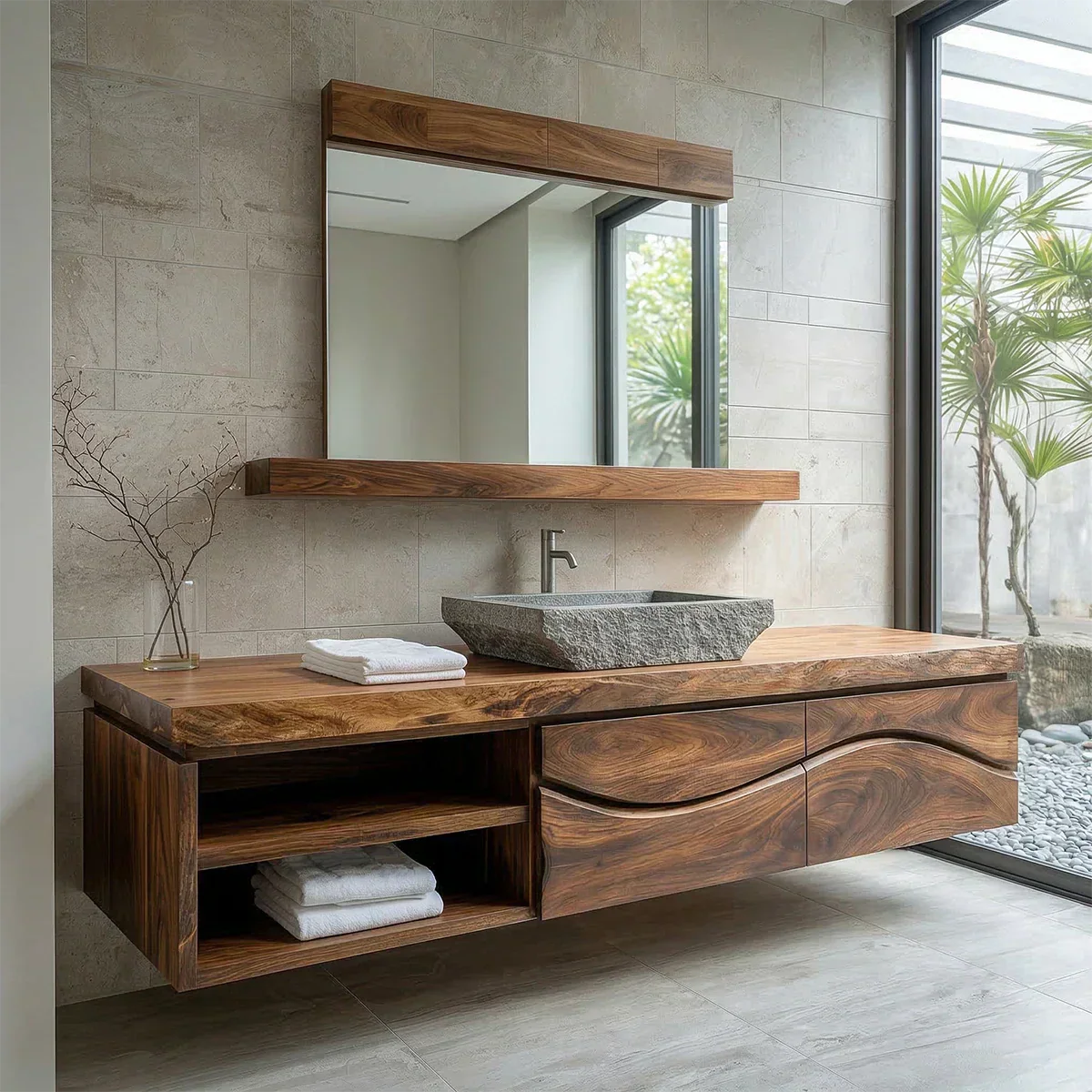Traditional Solid Wood Bathroom Vanity – Handcrafted Natural Wood Storage Cabinet - Rustirawood