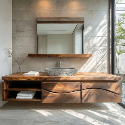Traditional Solid Wood Bathroom Vanity – Handcrafted Natural Wood Storage Cabinet - Rustirawood