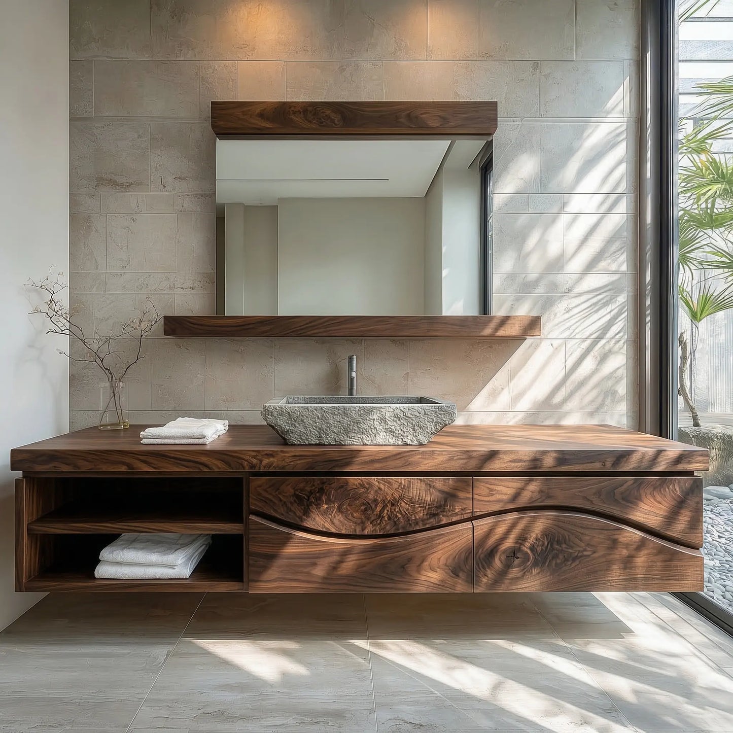 Traditional Solid Wood Bathroom Vanity – Handcrafted Natural Wood Storage Cabinet - Rustirawood
