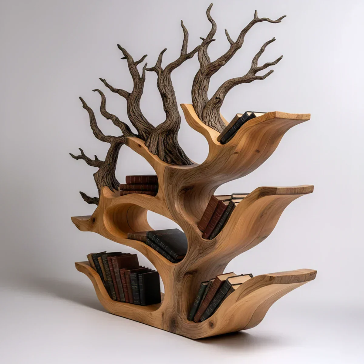Tree-Shaped Natural Solid Wood Bookshelf – Sculptural Design - Rustirawood
