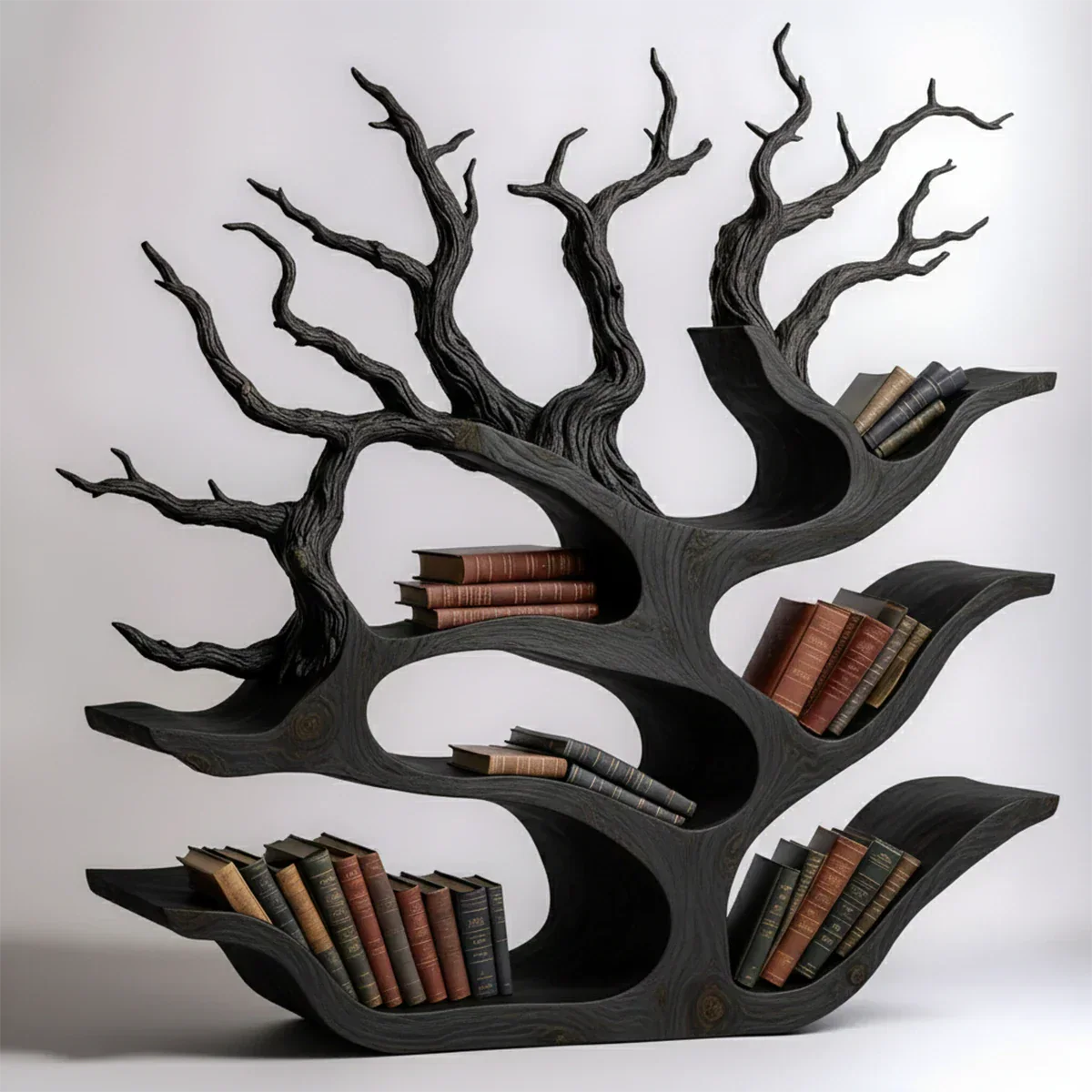 Tree-Shaped Natural Solid Wood Bookshelf – Sculptural Design - Rustirawood
