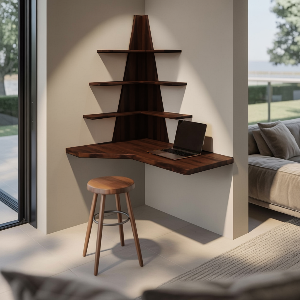 Modern Floating Corner Desk With Tree Shelves For Home Office And Apartment