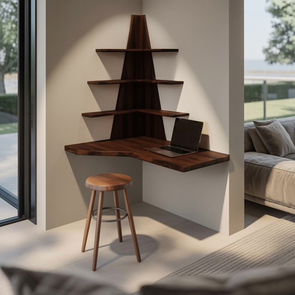 Modern Floating Corner Desk With Tree Shelves For Home Office And Apartment