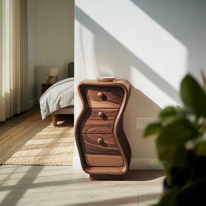 Wavy Sculpted Nightstand With Drawers For Bedroom And Contemporary Interior