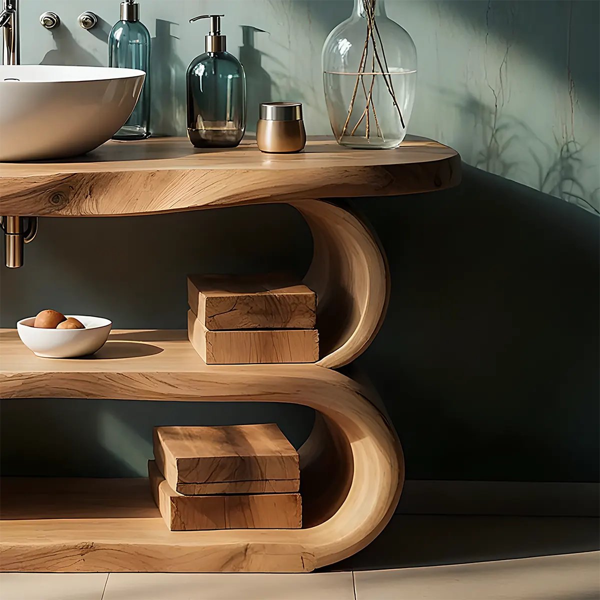 WaveArc Vanity – Solid Wood Bathroom with Zen Curves - Rustirawood