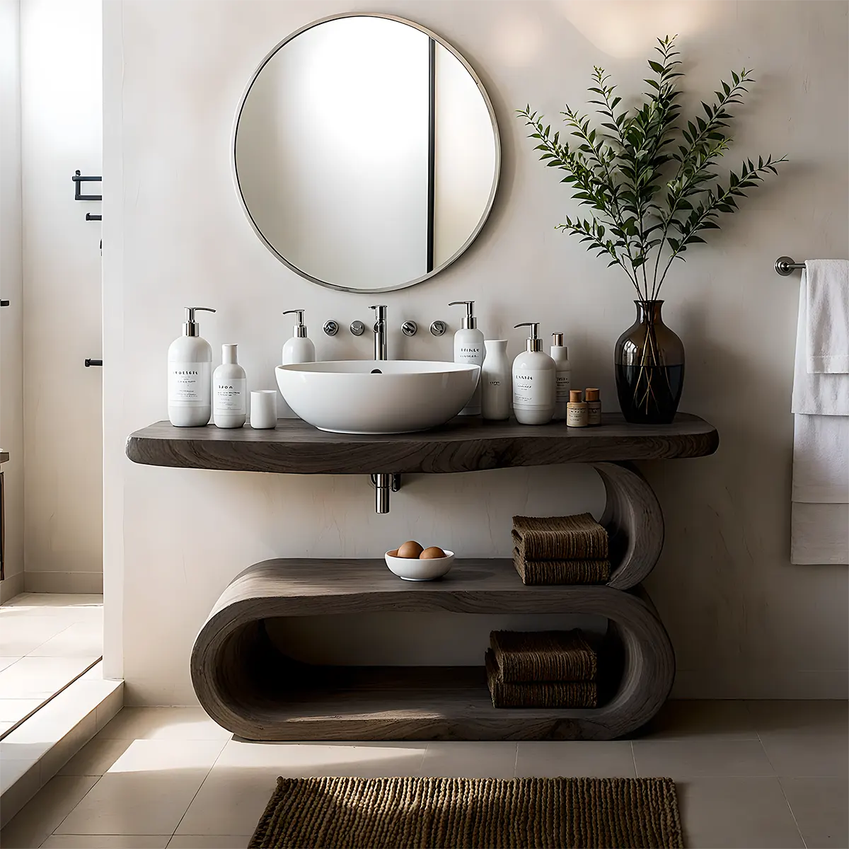 WaveArc Vanity – Solid Wood Bathroom with Zen Curves - Rustirawood
