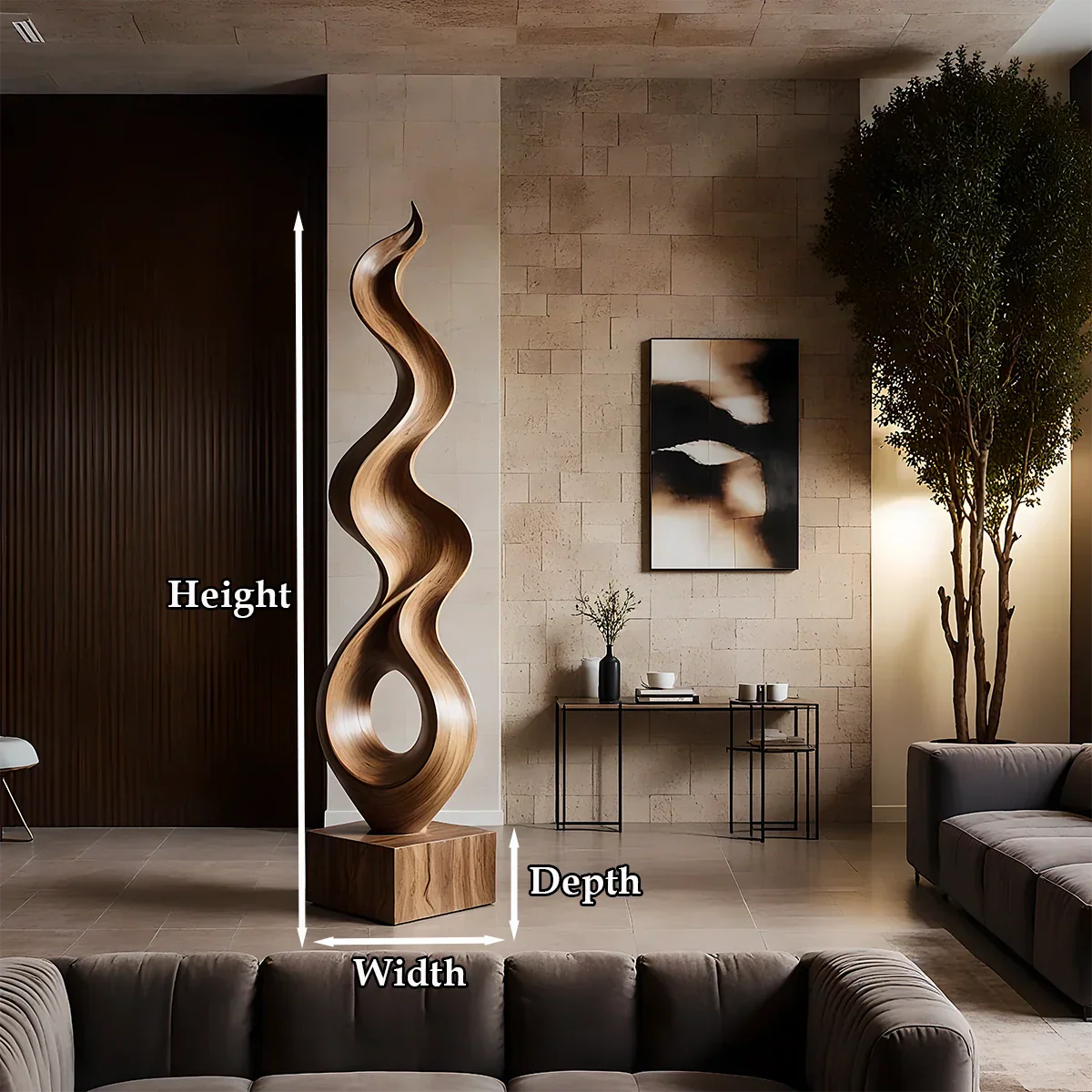 Artistic wood sculpture décor featuring smooth flowing curves and elegant walnut tone finish