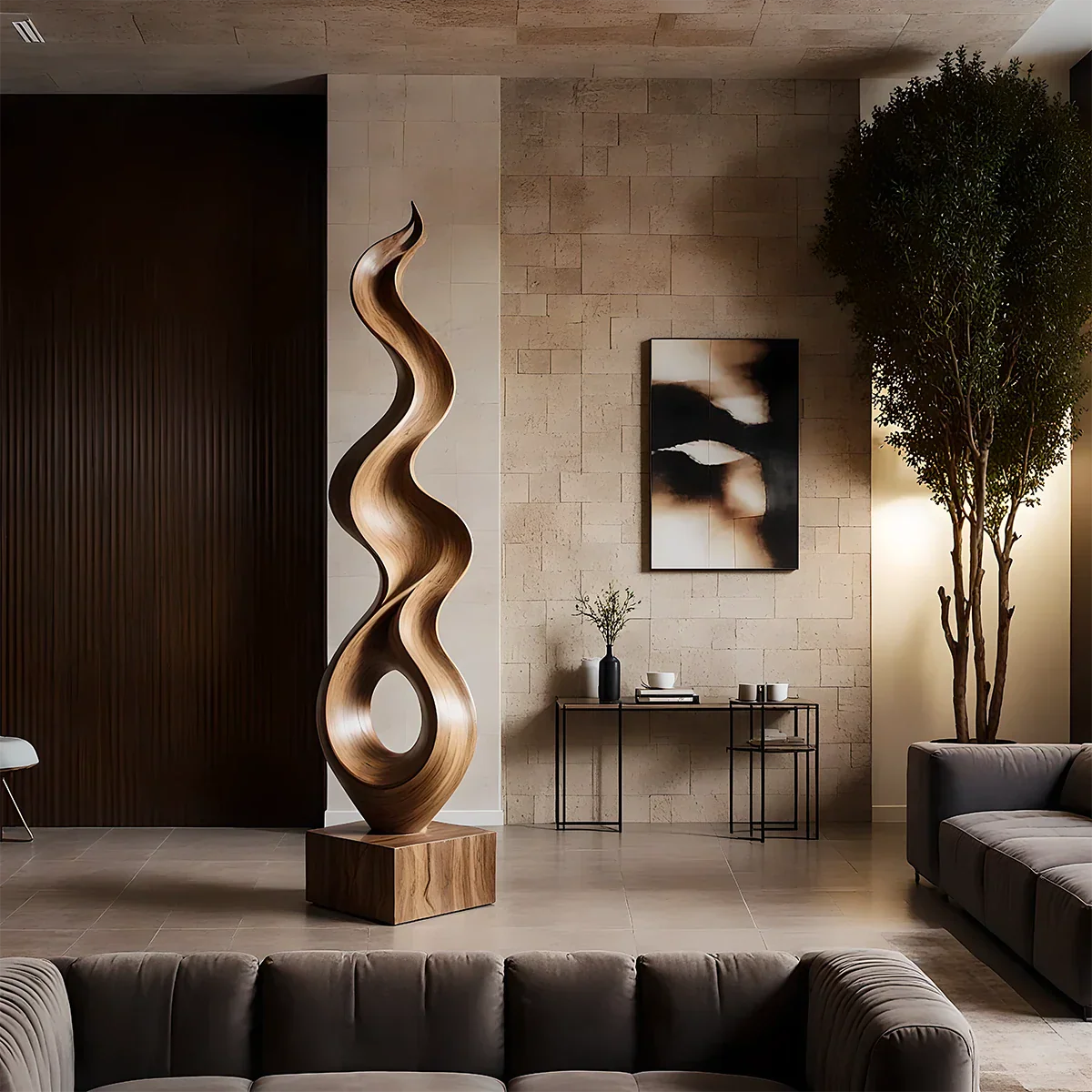 Tall wood sculpture décor designed with fluid silhouette and elegant walnut tone finish surface