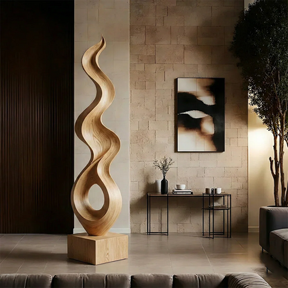 Luxury floor sculpture décor featuring bold curves and polished oak tone finish appearance