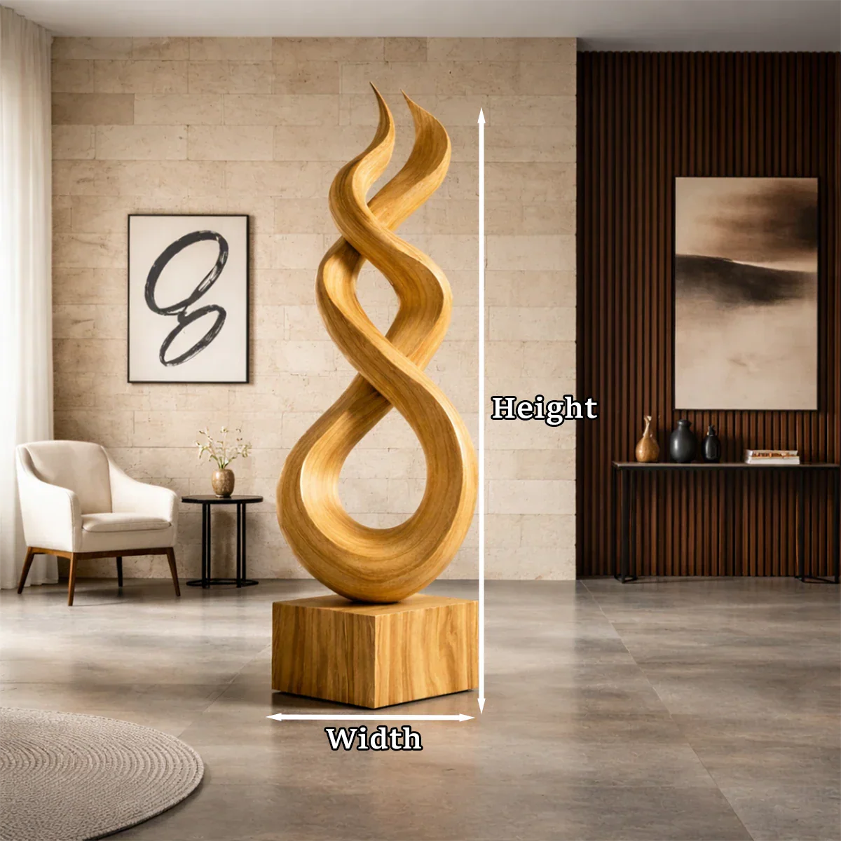 Statement wood sculpture decor featuring bold infinity shape in natural oak tone finish