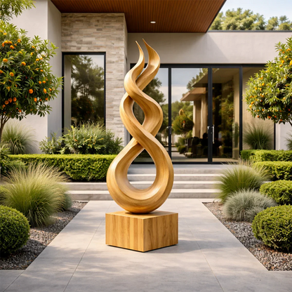 Abstract wood sculpture in oak tone finish with flowing infinity form on natural solid wood base