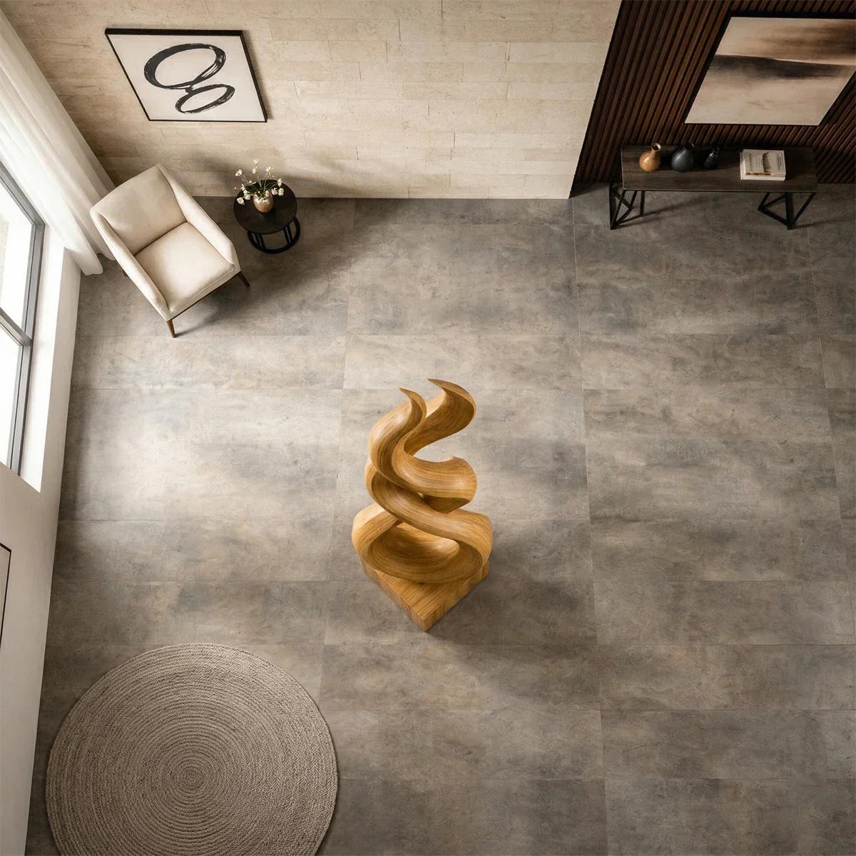 Infinity wood sculpture design in warm oak tone finish with bold sculptural presence