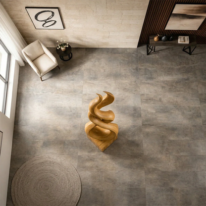 Infinity wood sculpture design in warm oak tone finish with bold sculptural presence