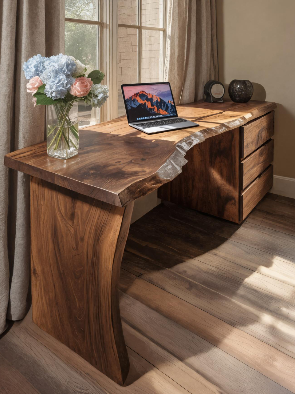 Modern Live Edge Desk With Storage Drawers For Study Room
