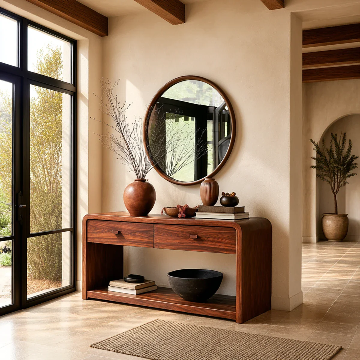 Arched console table with two drawers and open shelf storage for modern entryways