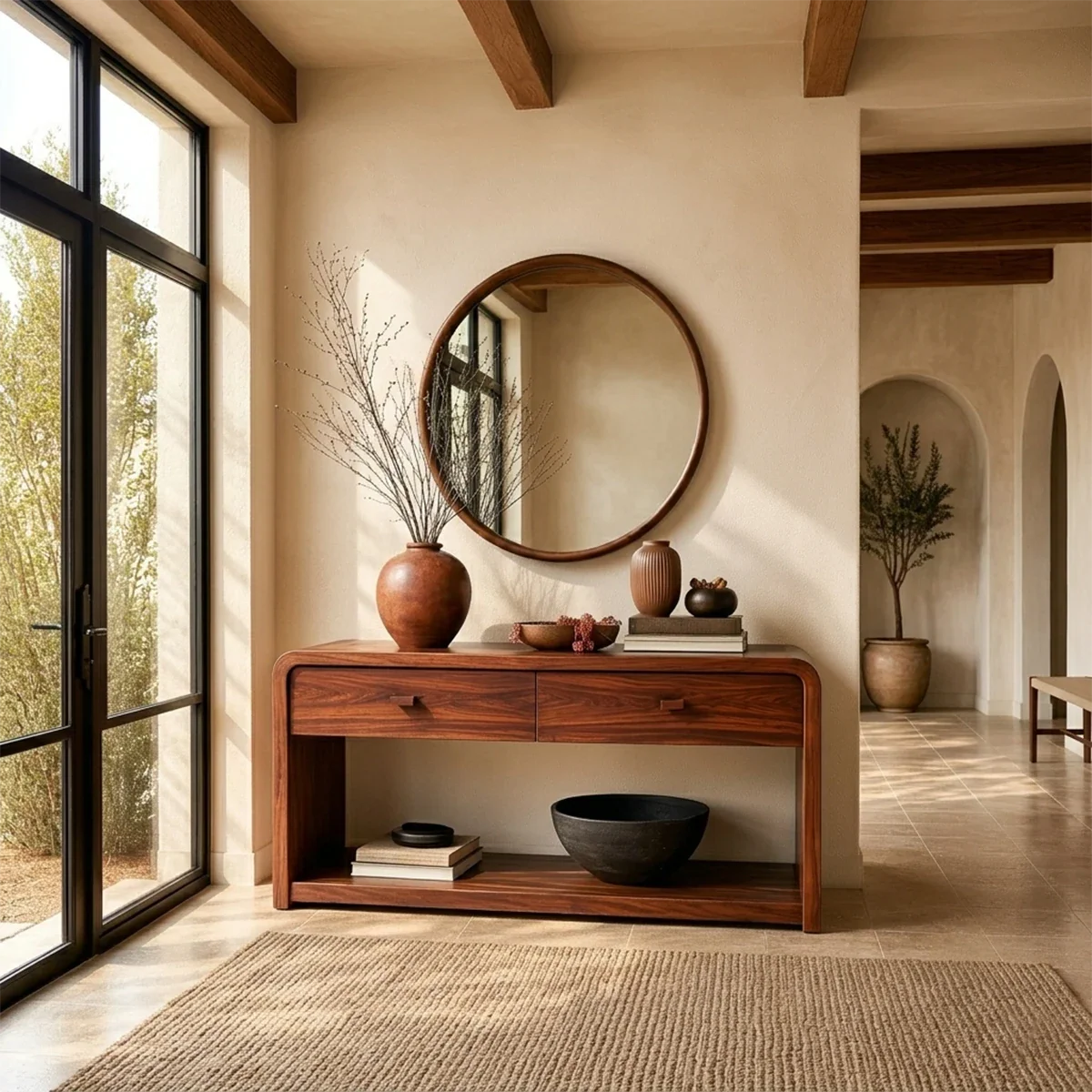 Modern storage console featuring clean lines, drawer organization, and open shelving