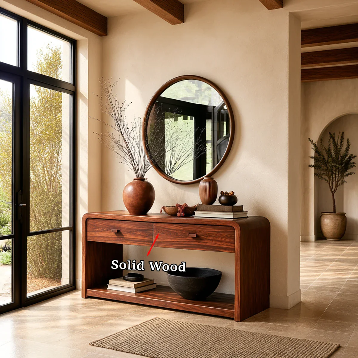 Contemporary accent console with concealed drawers and open shelf for living spaces
