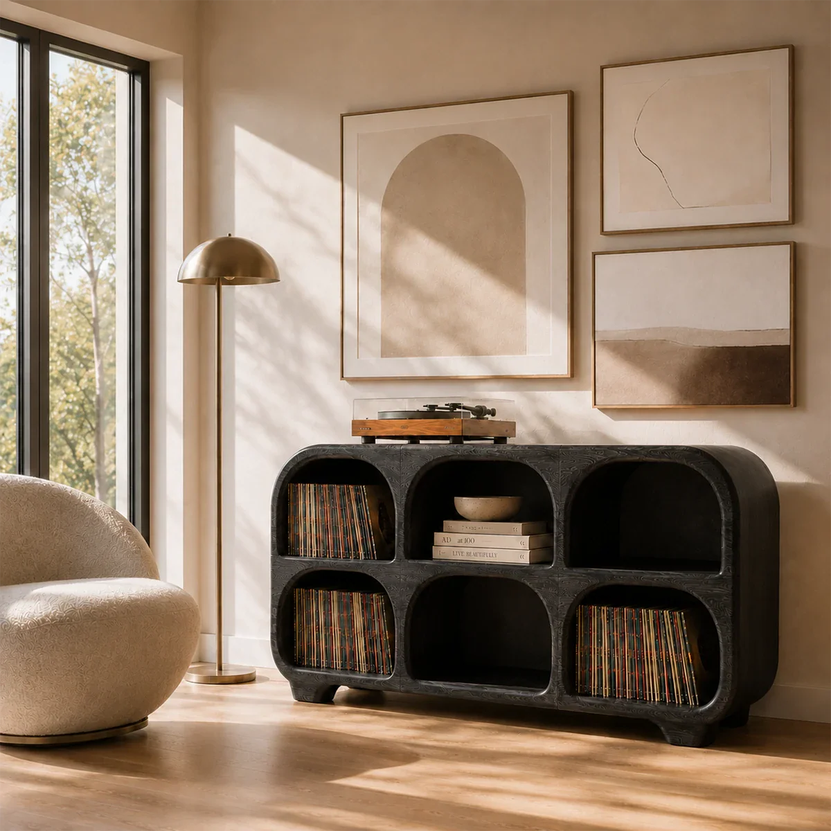 Luxury LP organizer featuring open record storage and contemporary audio furniture styling