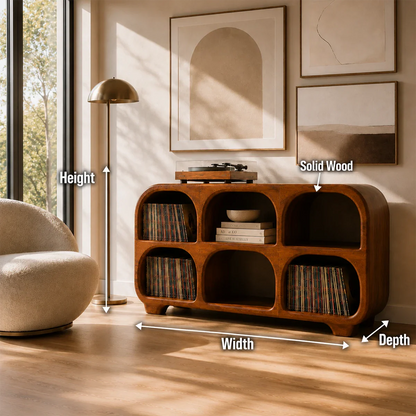 Architectural record player furniture with generous vinyl storage and curved shelving design