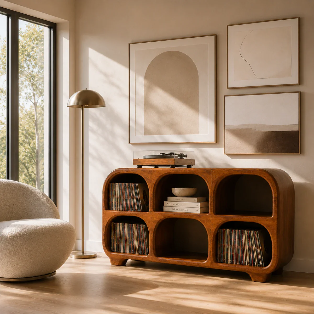 Arched vinyl media storage with record player platform and open LP display compartments