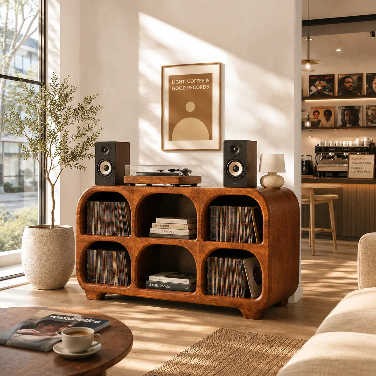 Contemporary LP storage cabinet featuring rounded shelves for records and turntable setup