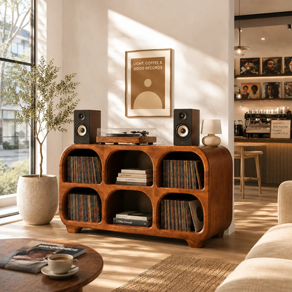 Contemporary LP storage cabinet featuring rounded shelves for records and turntable setup