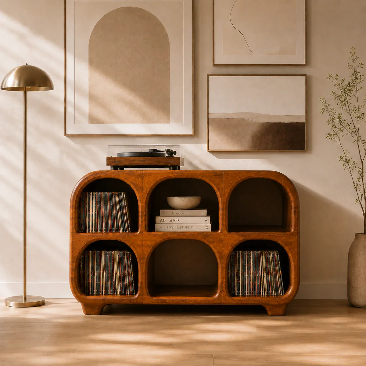 High-capacity vinyl storage stand with open album compartments and turntable display