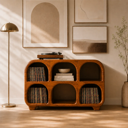 High-capacity vinyl storage stand with open album compartments and turntable display