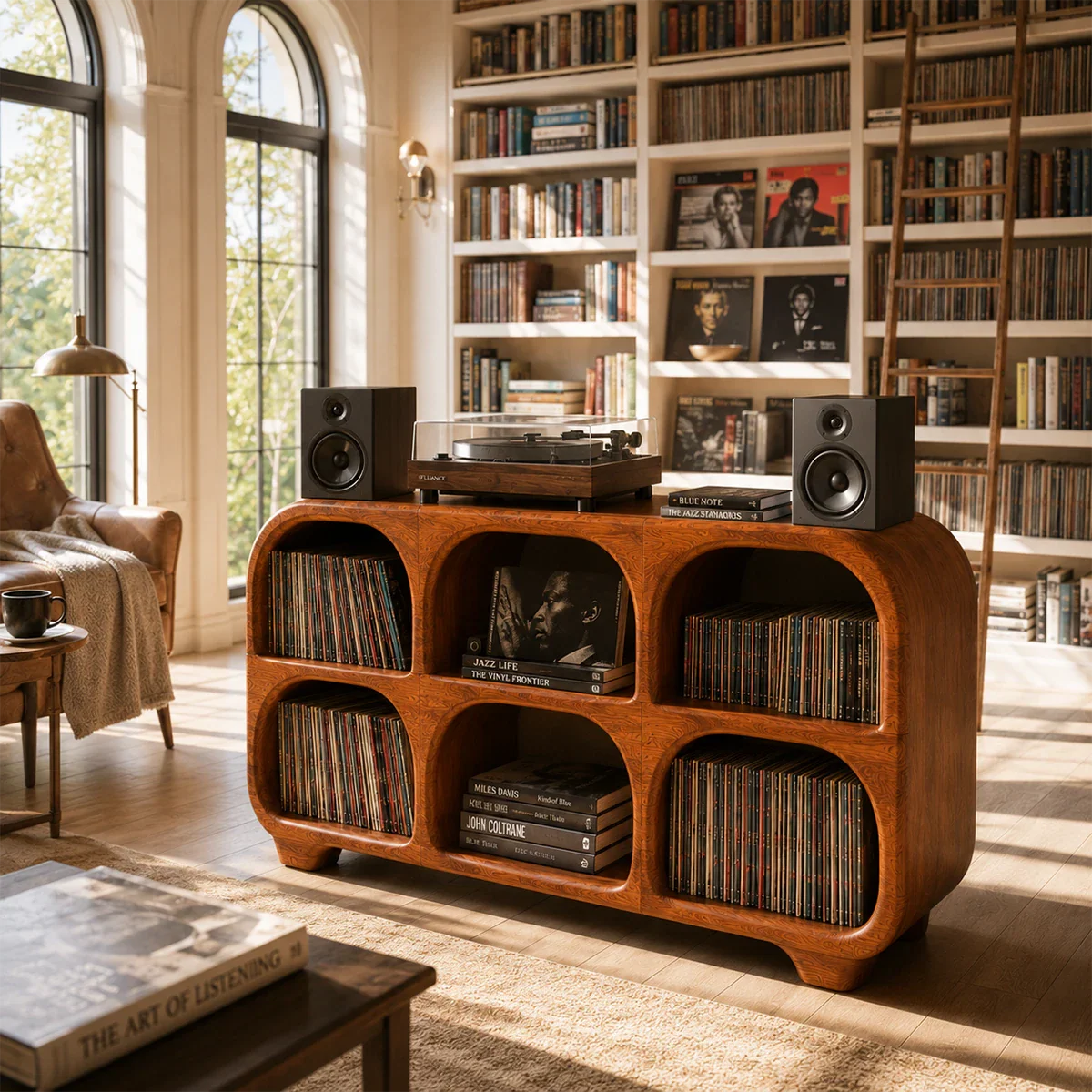 Designer vinyl record organizer with open display shelves for albums and audio equipment