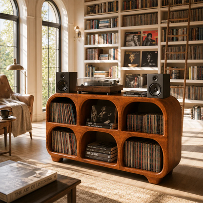 Designer vinyl record organizer with open display shelves for albums and audio equipment