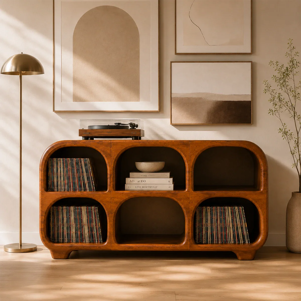 Modern turntable furniture offering organized LP storage with sculptural rounded design