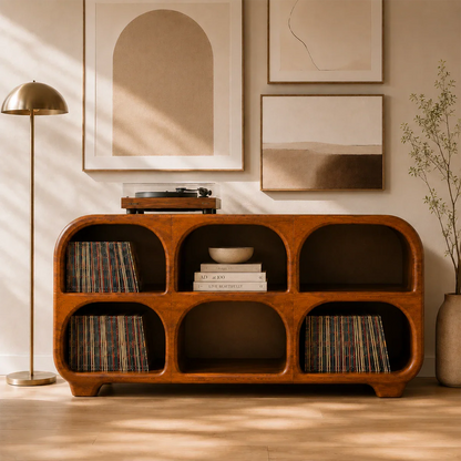 Designer audio furniture offering dedicated LP storage and turntable display surface