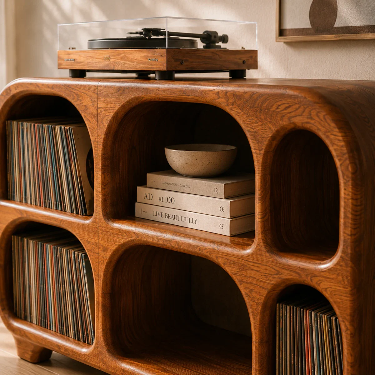 Premium record storage unit with dedicated turntable surface and open album compartments