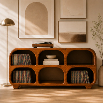 Wooden shelf with books and records in a room with abstract art on the wall.